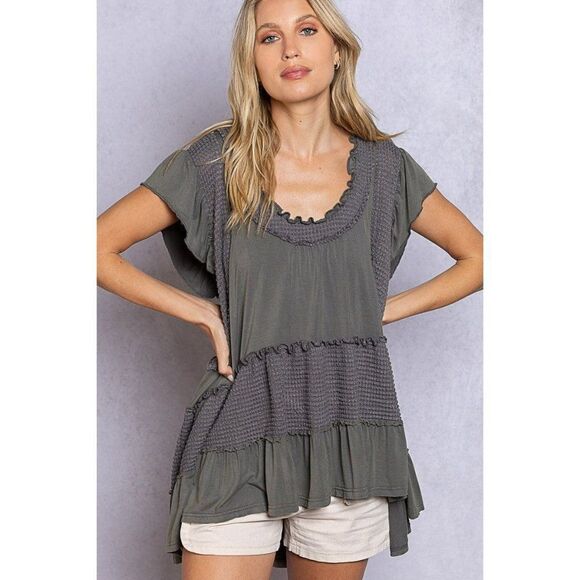 POL Tops - POL Caught in a Breeze Ruffle Top in Charcoal SMT2076